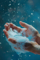 Fototapeta premium Refreshing Splash Hands Catching Water Drops with Soap Suds