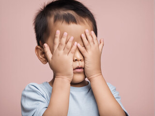 Autism awareness day April 2 Studio Portrait of a little cute asian child cover his face 