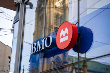 Fototapeta premium BMO logo sign. The Bank of Montreal (BMO) is a Canadian multinational investment bank and financial services company. Toronto, Canada - April 29, 2024.