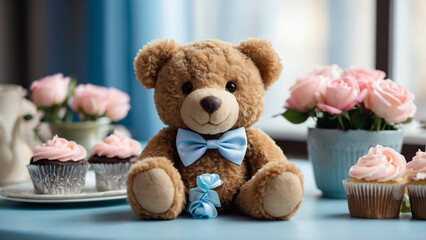 In a Festive Setting, a Cute Teddy Bear Wearing a Blue Bow Tie Sits at a Table Adorned with Pastel Roses and Cupcakes. ai generated
