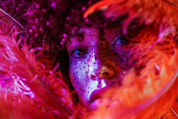 Mystical Portrait of a Woman Surrounded by Vibrant Feather