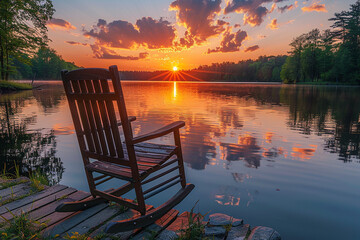 A rocker chair on a dock by the lake, where you can watch the sunrise and listen to the birdsong in the early morning hours.