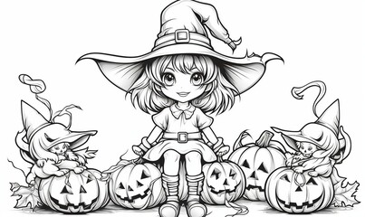 Coloring book page for kids of a cute anime-style witch sitting on a pumpkin with a big hat and a friendly smile.