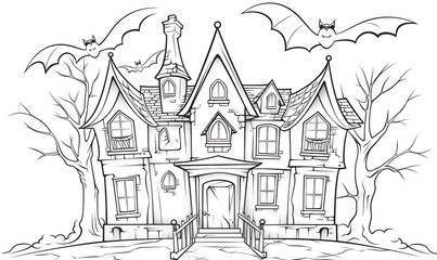 Coloring book page for kids of a large haunted house with bats flying around it.