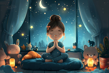 A serene young girl meditates surrounded by a whimsical arrangement