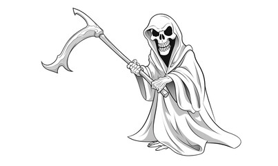 Coloring book page for kids of a skeletal grim reaper with scythe in doodle style