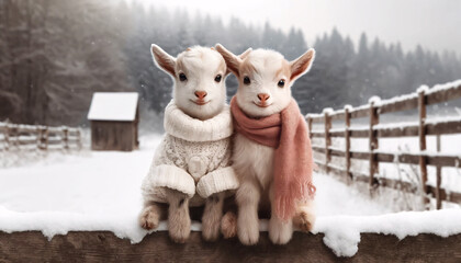 two young goats wearing cozy sweaters, sitting together on a wooden fence in a snowy landscape