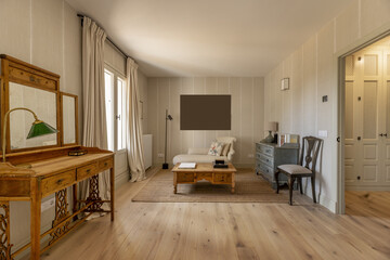 A bedroom with a built-in wardrobe with wooden lattice doors in the antechamber and an antique...