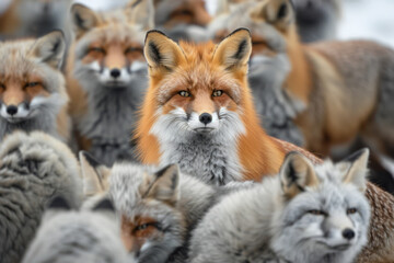 Fototapeta premium Intense Gaze of a Red Fox Amidst a Crowd of Foxes