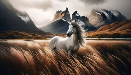 a majestic white horse standing in a wild