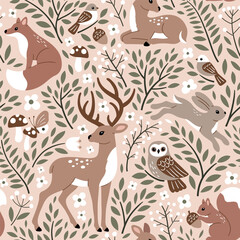 Seamless vector pattern with cute woodland animals, flowers and leaves. Perfect for textile, wallpaper or print design.