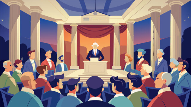 A grand marble hall echoes with the voices of actors portraying the Founding Fathers as they gather for a reunion to commemorate the signing of the. Vector illustration
