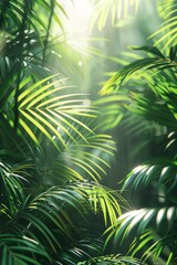 Sunlight filtering through tropical forest foliage, summer vertical background
