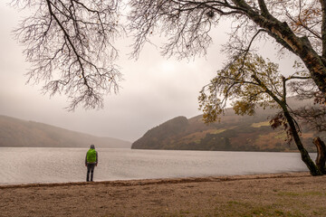 Beautiful panoramic view with lake, beach, trees, valley and rocky steep mountain. Bad Depressing
 weather. Lough Dan lake in Wicklow Mountains, Ireland. Girl hiker with backpack.
