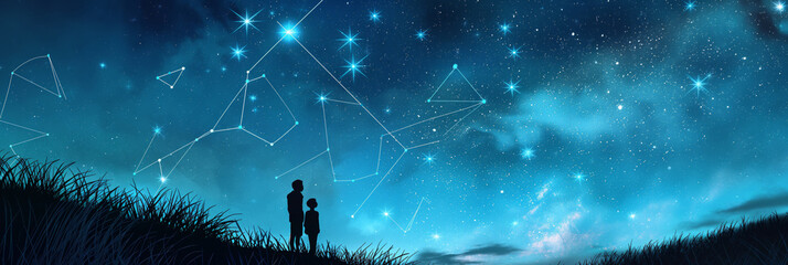 Two individuals under a dark, midnight sky full of stars. Generative AI