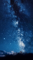 The Milky Way galaxy shines in the night sky like an electric blue cloud. Background. Generative AI