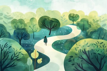 Illustrate a path that symbolizes the journey from obesity to a healthy weight, with stops and...