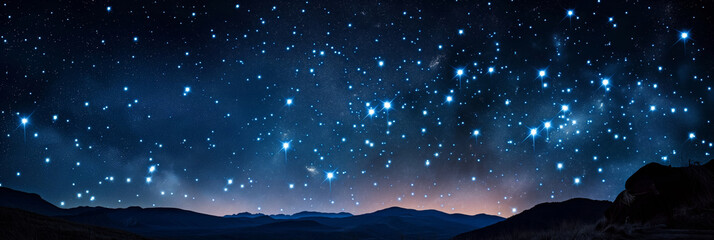 Starry night sky above mountain range, with stars twinkling in atmosphere. Generative AI