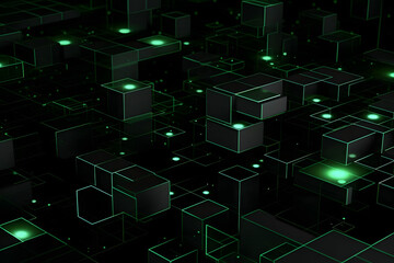 Distributed Ledger Technology, DLT, with Green Blocks on Black Background