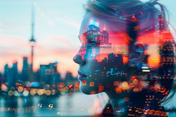 A double exposure portrait of a young fair-skinned woman with a vibrant city skyline.