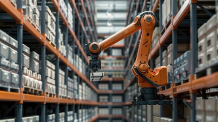 A robot picker retrieving items from a high-density storage system, with AI algorithms optimizing...