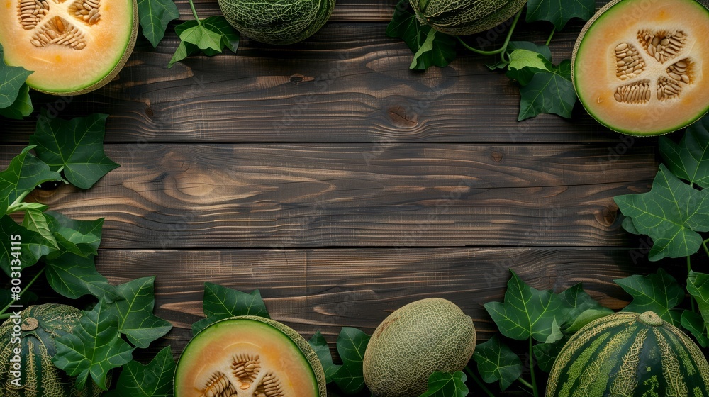 Sticker various types of melons arranged artistically on a rustic wooden table, framed by fresh leaves.