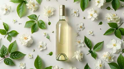 White wine bottle surrounded in the style of jasmine flowers and green leaves on white background...