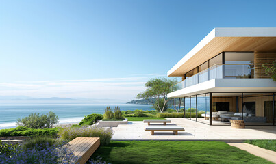 3d rendering, A modern house with light wood and white walls, overlooking a green lawn near the ocean