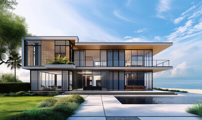 3d rendering, A modern house with light wood and white walls, overlooking a green lawn near the ocean