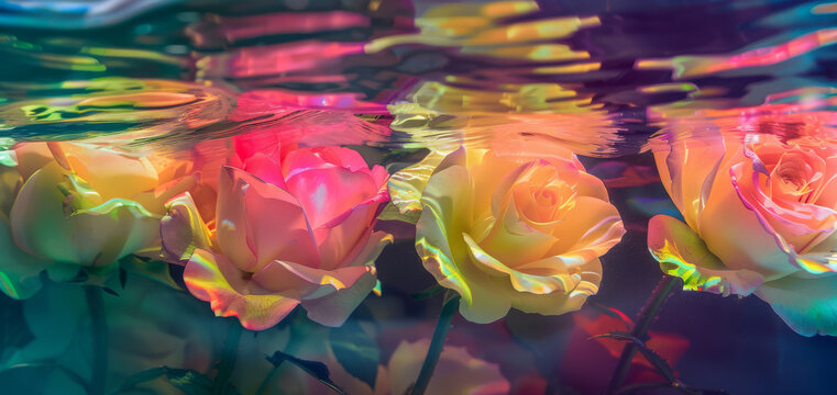 A close up of three yellow roses floating in a body of water