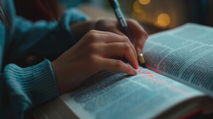 Close-up of open book with highlighted text, showcasing focused studying