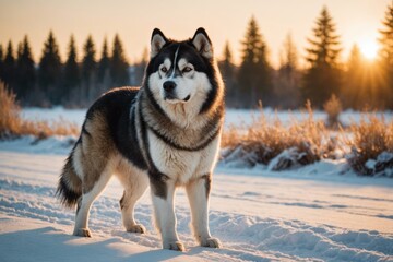 Fototapeta premium full body of Alaskan Malamute dog on blurred winter countryside background, copy space