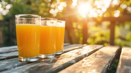 Glasses of fresh orange juice on table outdoors