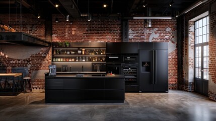 Elegant loft kitchen with sleek black cabinets and exposed brick walls