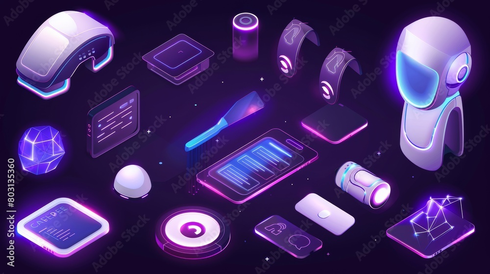 Poster a set of isometric modern illustrations representing chatbot technology on a violet background. ther
