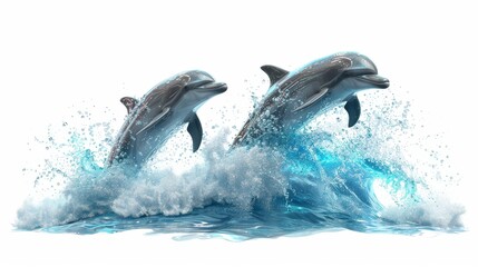 Fototapeta premium Two dolphins are leaping out of the water, creating a splash