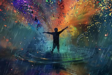 A man dancing in the rain as each drop turns into colorful drops of paint, creating a whirlwind of color and life around him