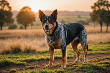 full body of Australian Cattle Dog dog on blurred countryside background, copy space