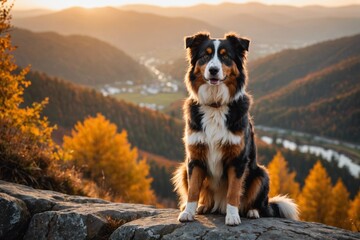 full body of Australian Shepherd dog on blurred mountain background in autumn, copy space - Powered by Adobe