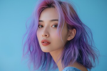 Fototapeta premium Woman with purple and lilac hair against a soft blue background, looking softly towards the camera