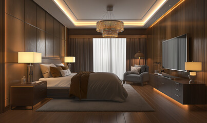 3d rendering, Modern interior design of a bedroom in brown color, with a TV on the wall and a bed. Interior rendering, perspective view, evening lighting