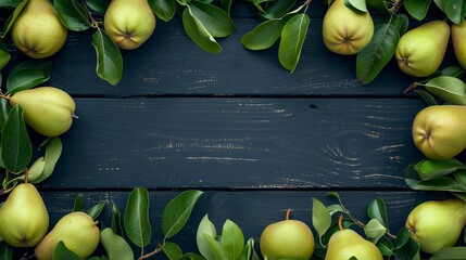 Fresh green pears with leaves arranged on a dark wooden background with ample copy space. - Powered by Adobe
