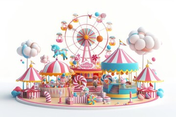 A whimsical summer fair, with 3D characters enjoying carnival rides, cotton candy stands, and a ferris wheel towering in the background
