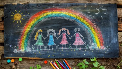 Colorful chalk drawing: four people holding hands under a rainbow, happy, International Children's...