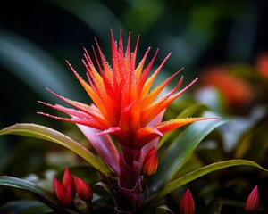 Closeup of a small, flowering Bromeliad, capturing the vivid colors and resilience of these adaptable rainforest plants