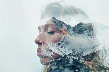 A double exposure portrait of a young fair-skinned woman with a snowy mountain peak.