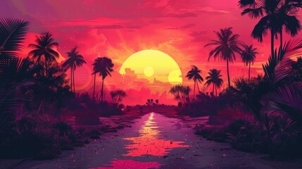 Vibrant sunset painting featuring palm trees, water, and a colorful sky