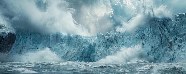 The photo shows the beauty of the arctic landscape with icebergs floating in the sea.