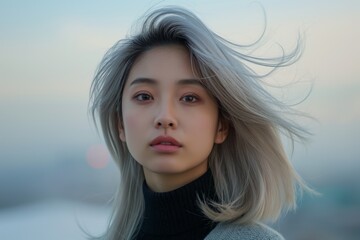 Ethereal Asian woman with windswept silver hair and subtle makeup against a soft blurred background