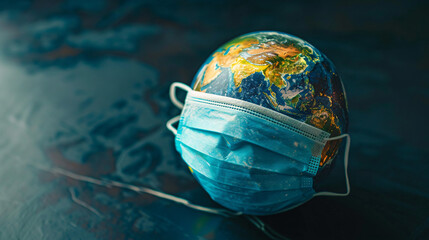 Globe with medical mask on dark background. 